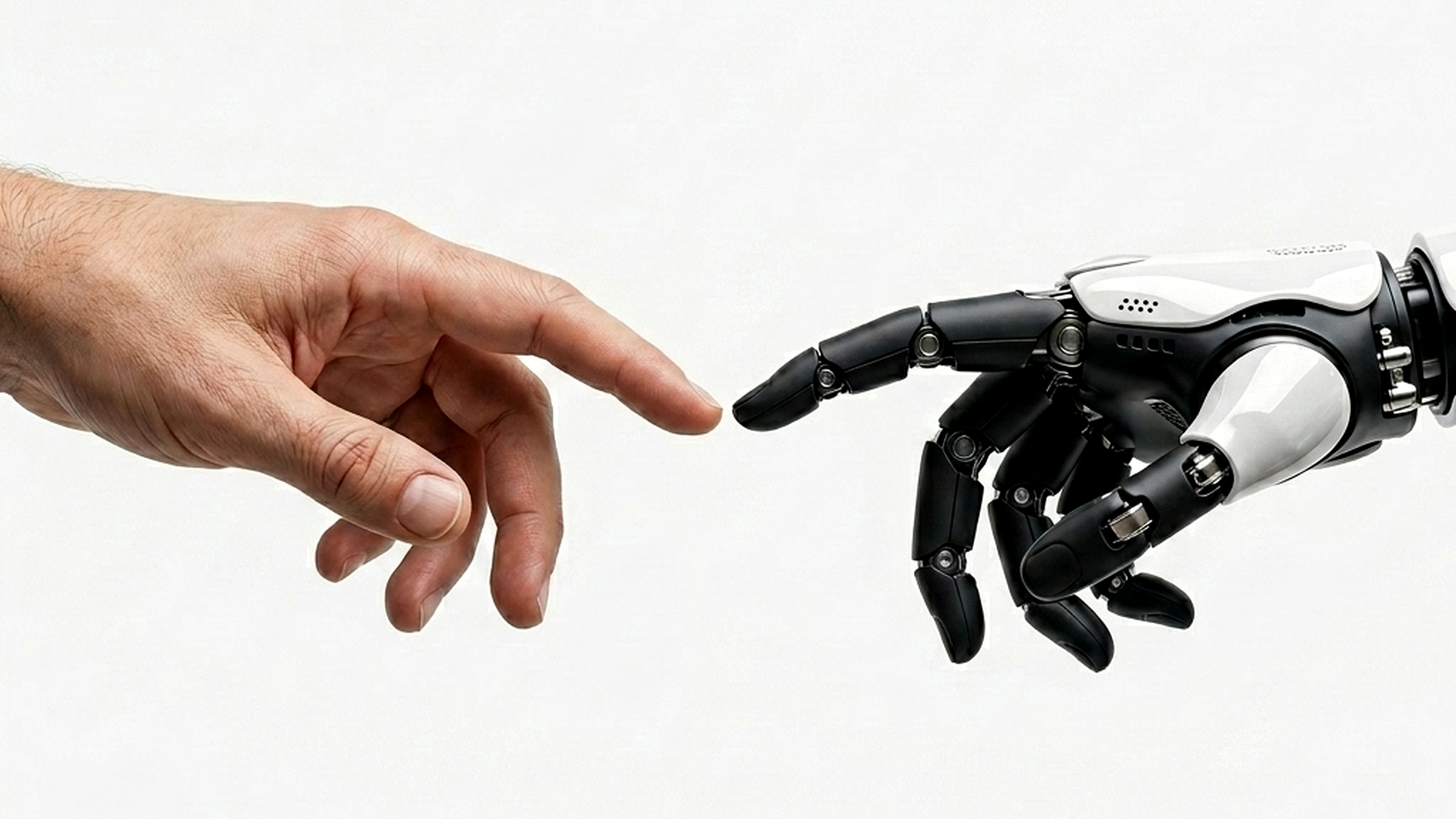 Mano humana y mano robótica a punto de tocarse — colaboración entre personas y tecnología